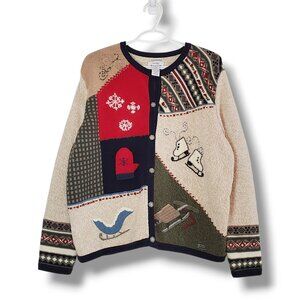 Vintage 90s Winter Themed Knit Cardigan Sweater Tan Size XL